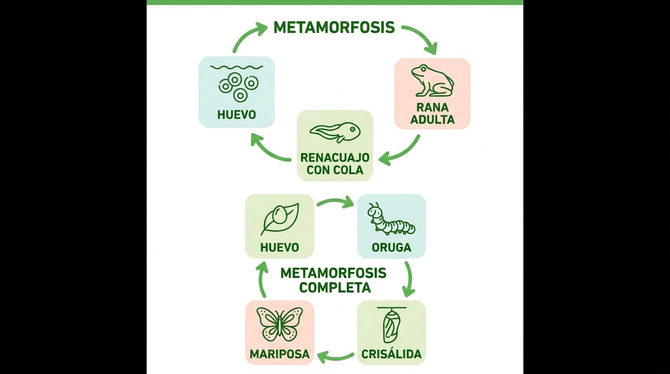 Ciclo de vida con metamorfosis de la rana y de la mariposa