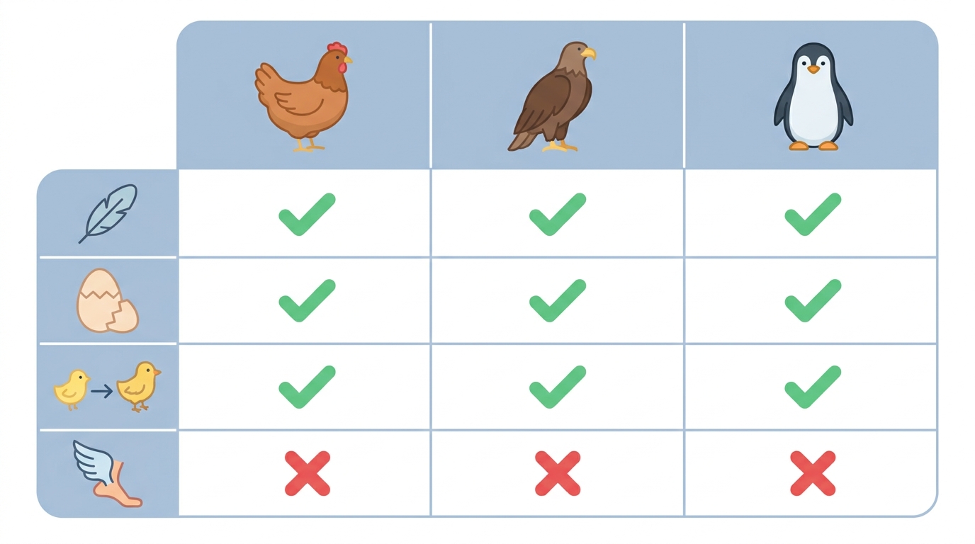Tabla visual de tres aves (gallina, águila, pingüino) comparadas por cubierta, reproducción, ciclo de vida y desplazamiento, marcando cuáles criterios comparten todas