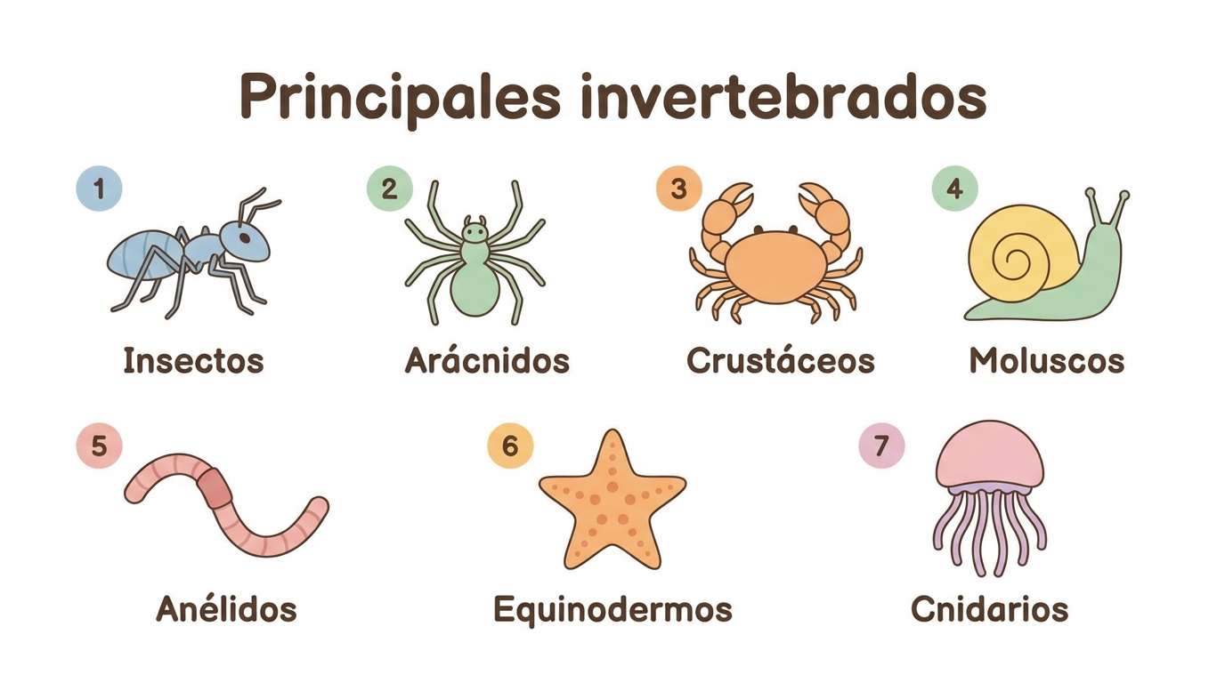 Principales grupos de invertebrados con un ejemplo de cada uno