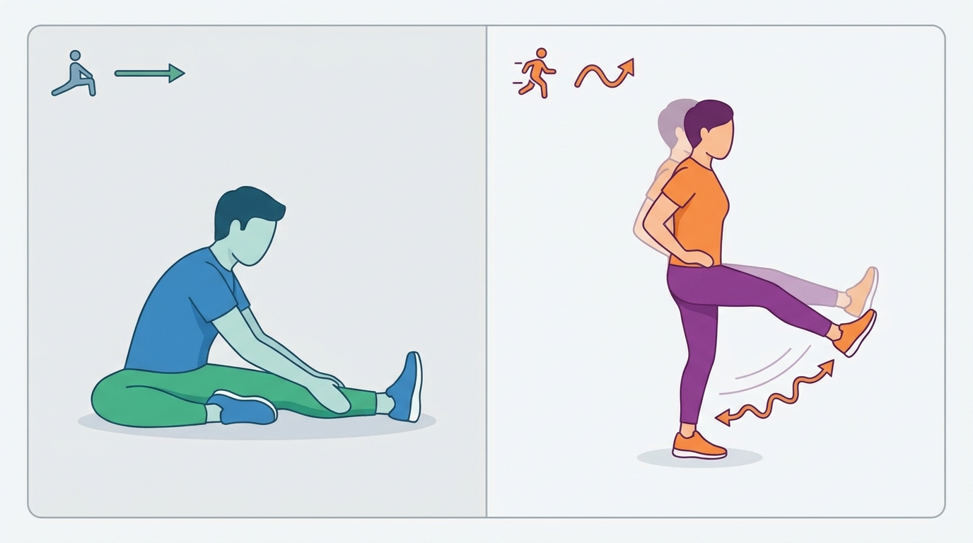 Comparación de métodos de estiramiento: a la izquierda un método estático (stretching de Bob Anderson) con una persona manteniendo una posición de elongación fija y sin rebotes; a la derecha un método dinámico balístico con una persona haciendo rebotes rítmicos al estirar