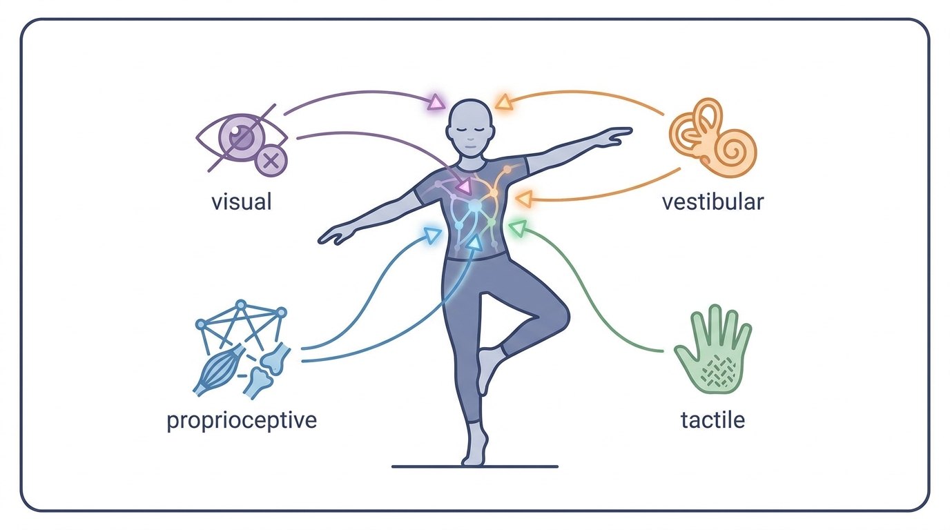 Esquema de los sistemas perceptivos que construyen el esquema corporal: el sistema visual (ojos), el vestibular (oído interno, equilibrio), el propioceptivo o kinestésico (músculos y articulaciones, posición del cuerpo) y el táctil, con una figura humana en equilibrio sobre un pie con los ojos cerrados