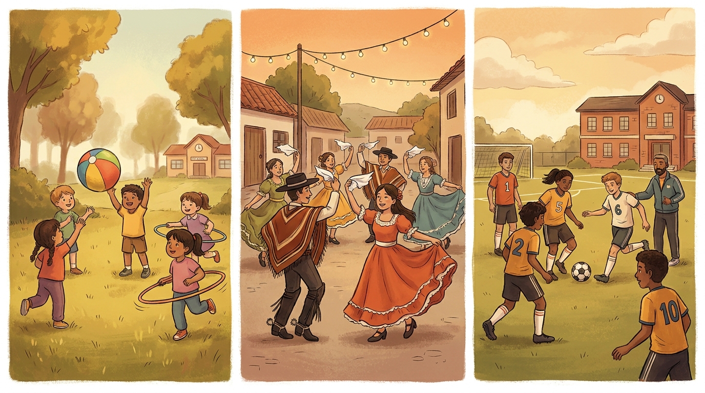 Tres escenas de educación física en básica: niños jugando un juego predeportivo, un grupo bailando una danza folclórica chilena y estudiantes practicando un deporte colectivo