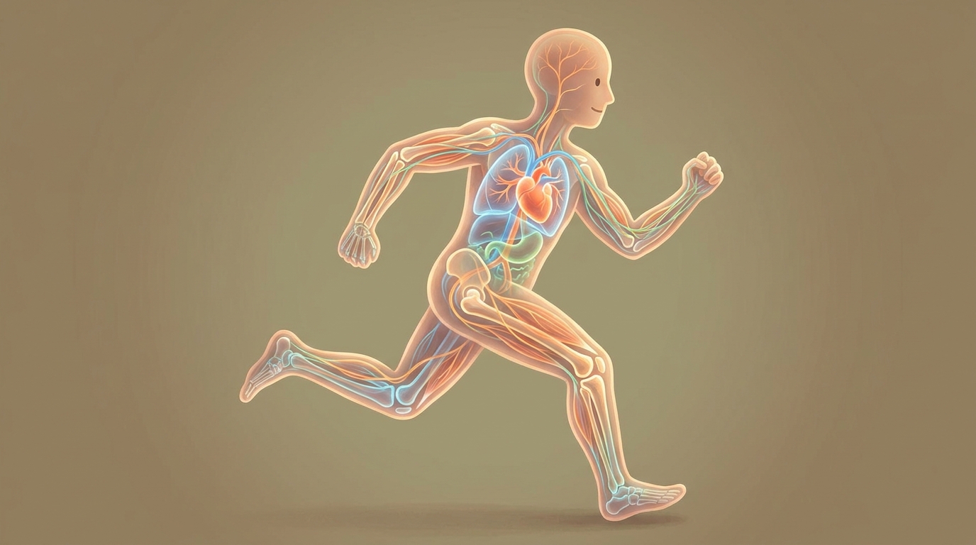 Esquema del cuerpo humano durante el ejercicio mostrando el corazón y pulmones, los huesos y articulaciones, los músculos y el sistema nervioso trabajando de forma coordinada
