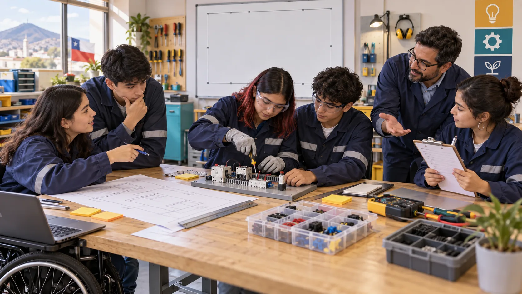 Grupo diverso de estudiantes planifica, monta y revisa colaborativamente un proyecto eléctrico de baja tensión con acompañamiento docente