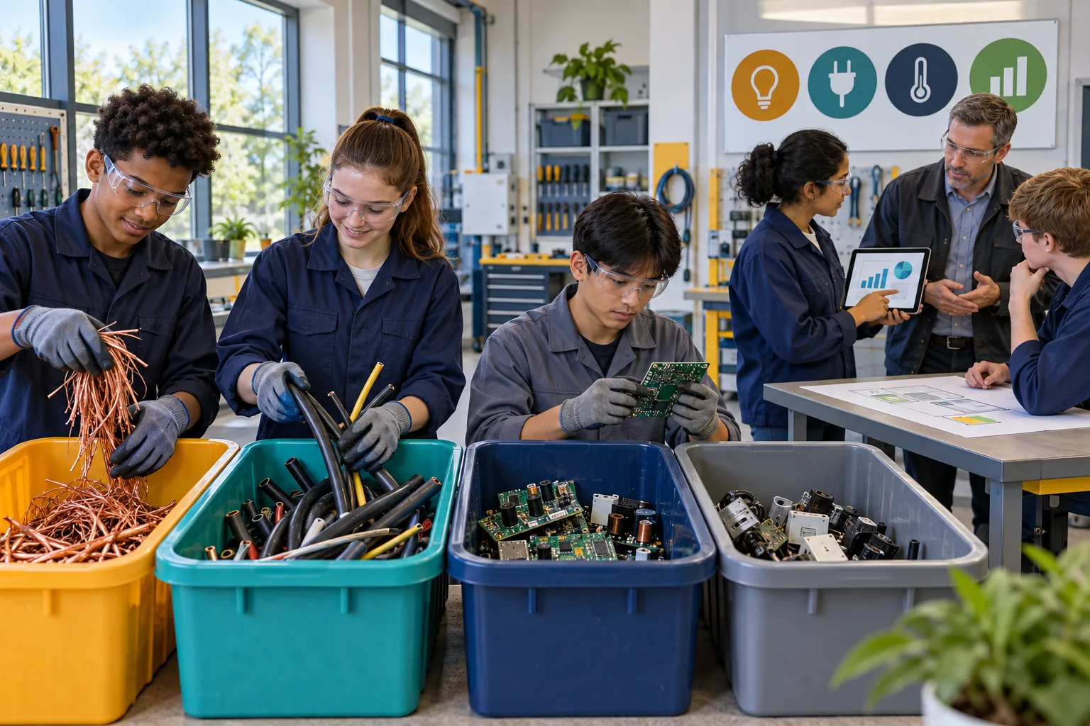 Estudiantes de Electricidad separan cobre, aislación, placas electrónicas y componentes reutilizables mientras otro equipo analiza datos de eficiencia