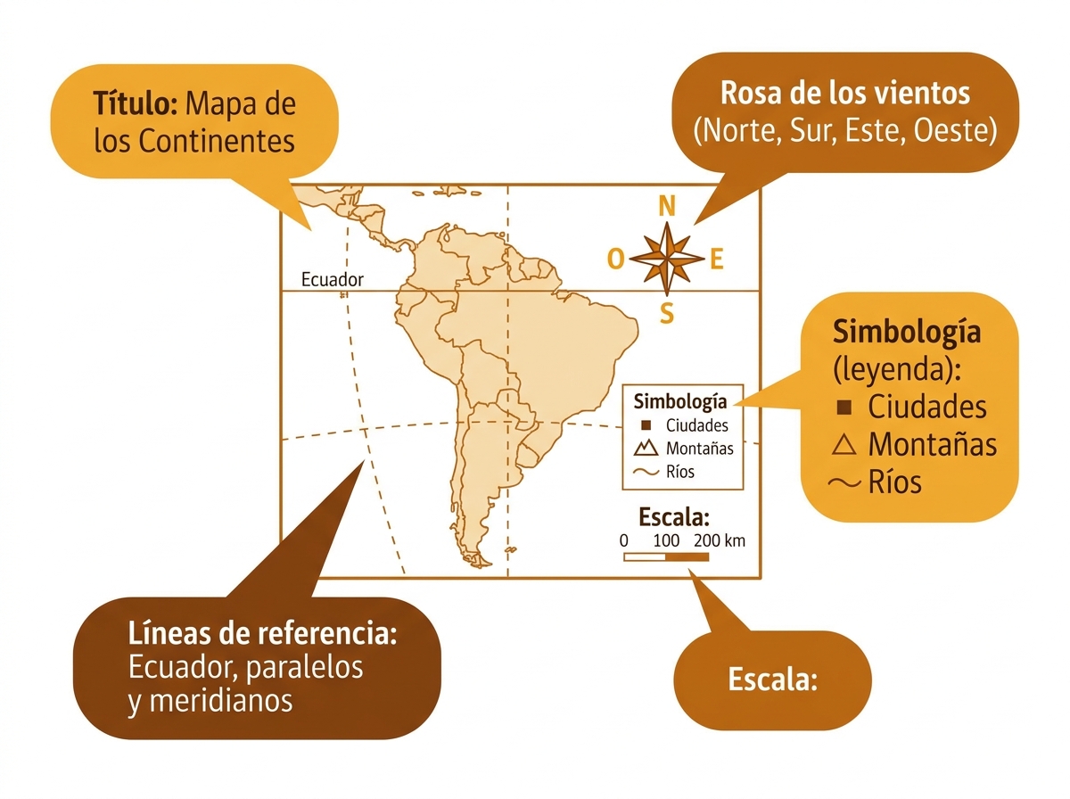 Las partes de un mapa: título, rosa de los vientos, simbología, escala y líneas de referencia
