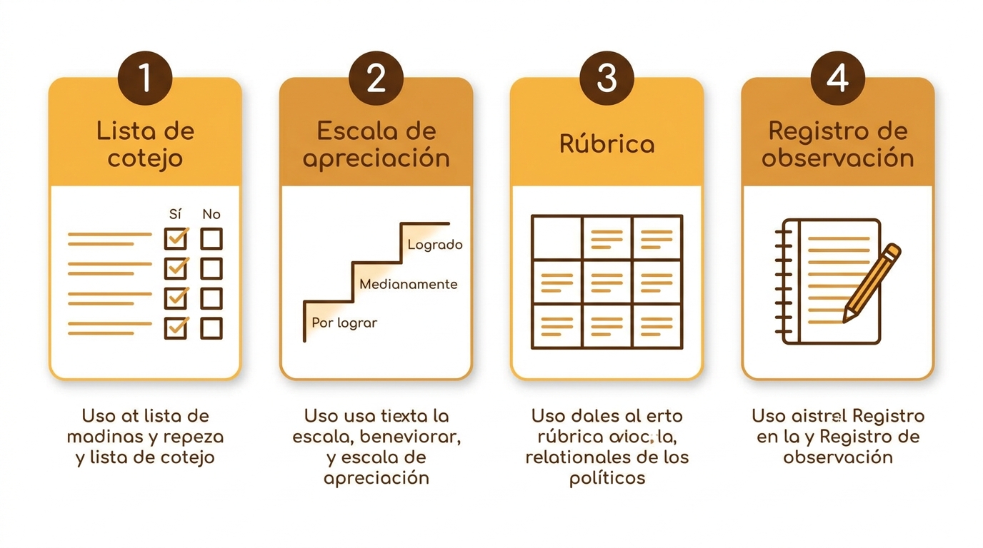 Cuatro instrumentos de evaluación: lista de cotejo, escala de apreciación, rúbrica y registro de observación