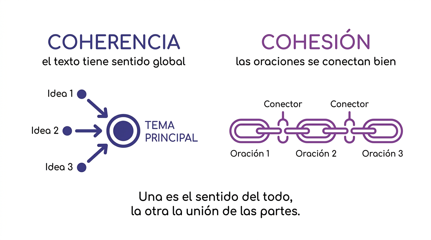 Esquema que contrasta la coherencia (sentido global del texto) con la cohesión (conexión entre oraciones mediante conectores y referencias)