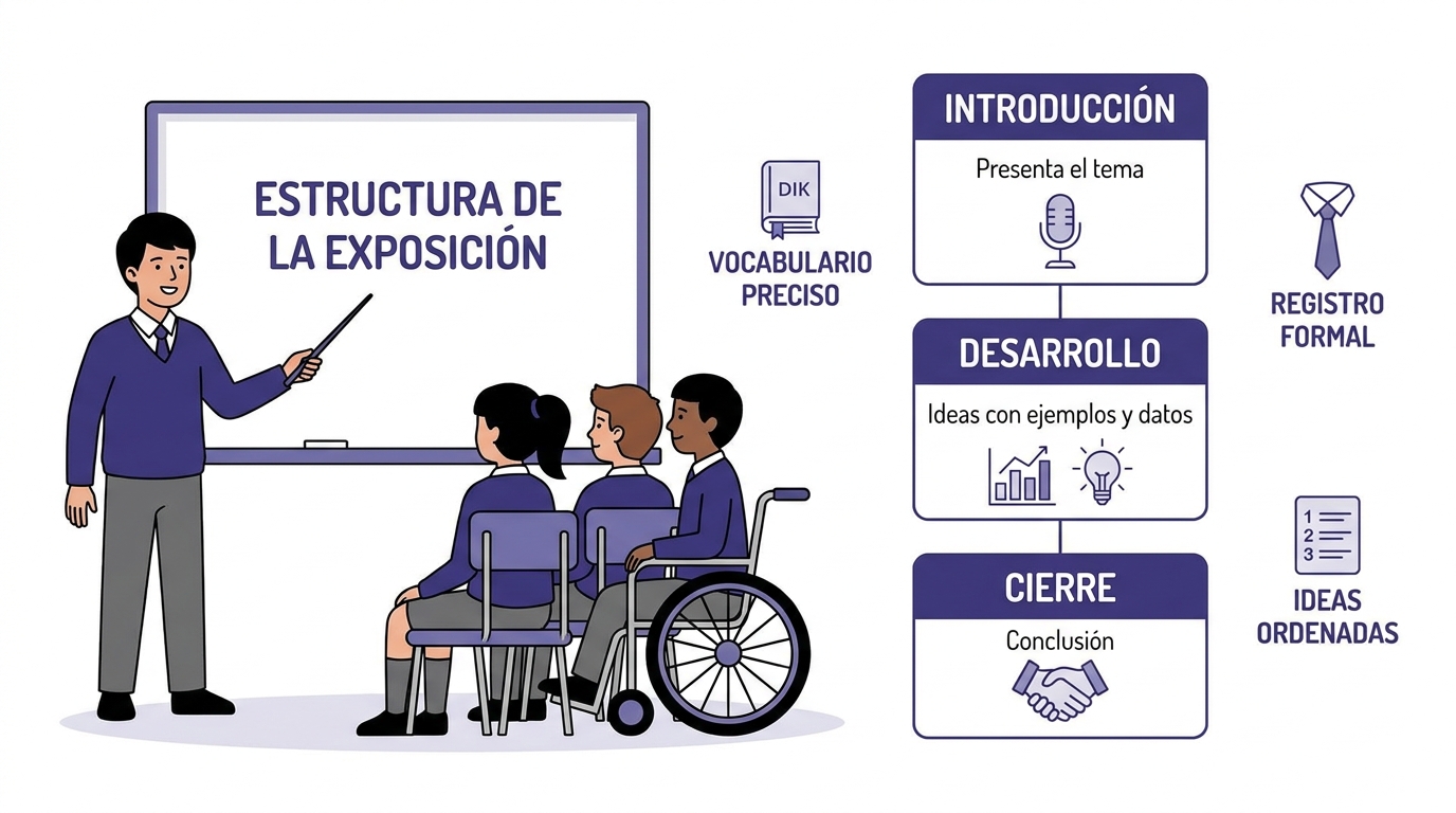 Esquema de la exposición oral con su estructura de introducción, desarrollo y cierre, y los criterios para expresarse con claridad ante una audiencia