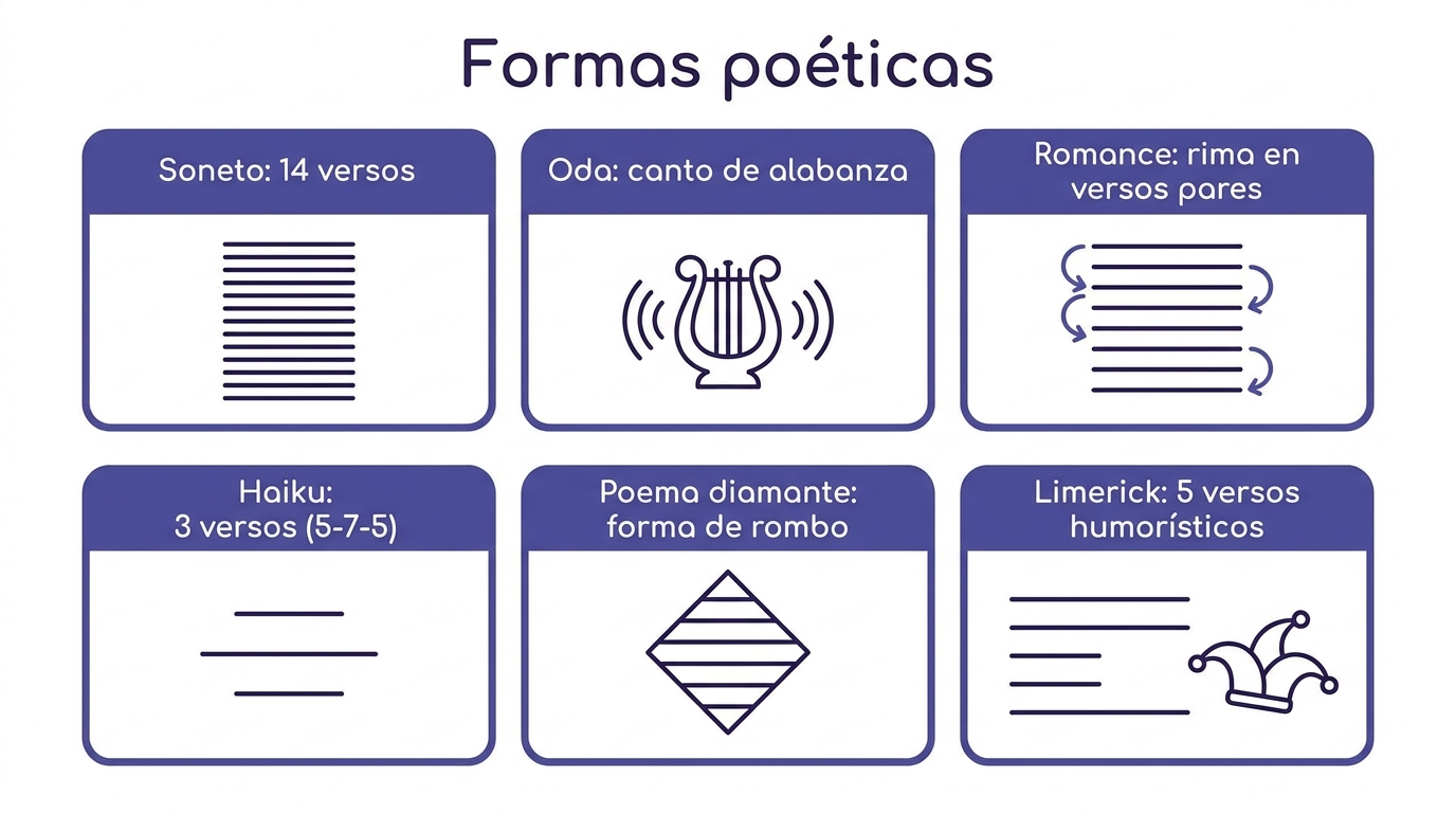 Formas poéticas y su rasgo distintivo: soneto, oda, romance, haikú, poema diamante y limerick