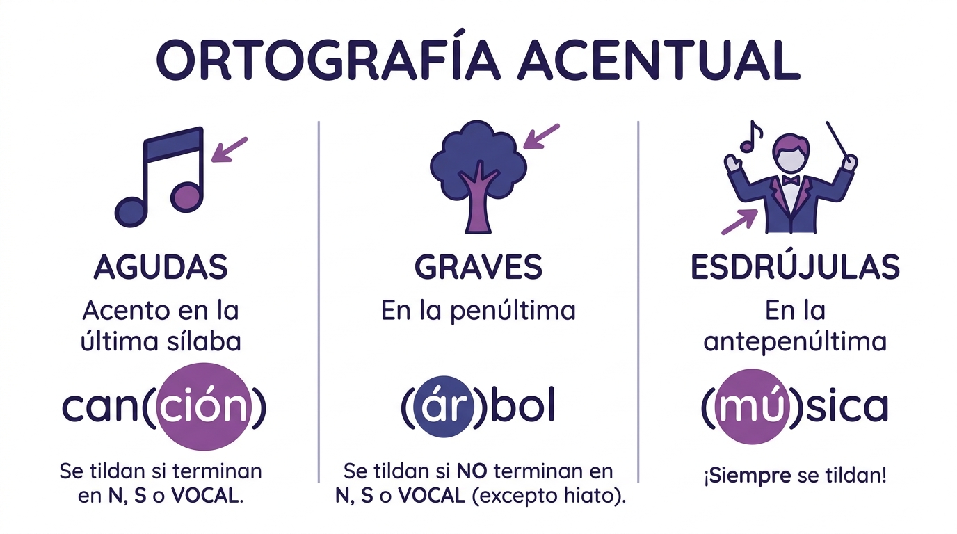 Esquema de palabras agudas, graves y esdrújulas con ejemplos que muestran en qué sílaba va la tilde según la regla de acentuación