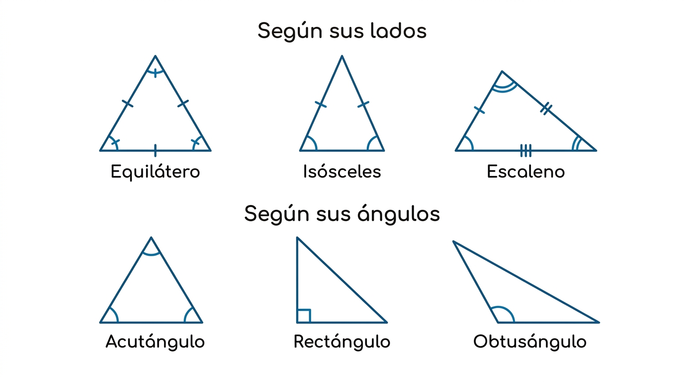 Clasificación de triángulos. Según sus lados: equilátero, isósceles, escaleno. Según sus ángulos: acutángulo, rectángulo, obtusángulo
