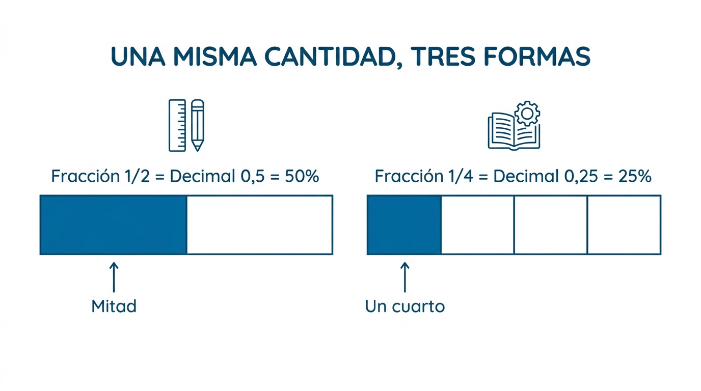 Una misma cantidad en tres formas: barra con la mitad sombreada (1/2 = 0,5 = 50%) y barra con un cuarto sombreado (1/4 = 0,25 = 25%)