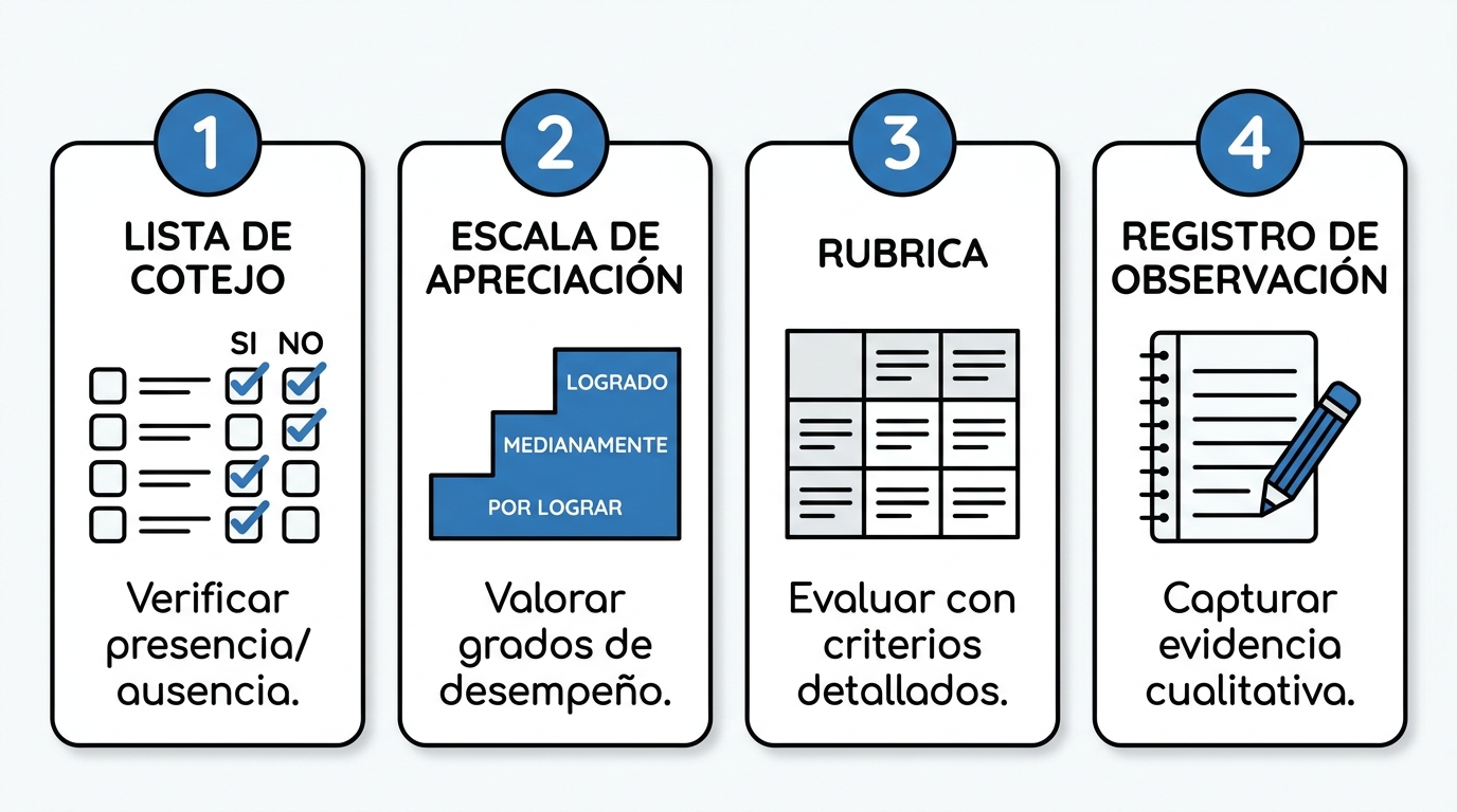 Cuatro instrumentos de evaluación: lista de cotejo, escala de apreciación, rúbrica y pauta de corrección, y cuándo usar cada uno