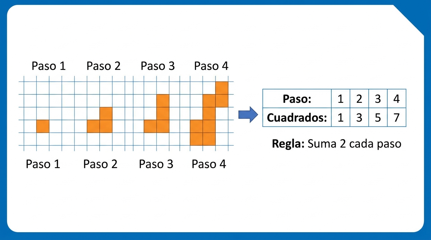 Patrón visual creciente 1, 3, 5, 7 llevado a tabla y regla