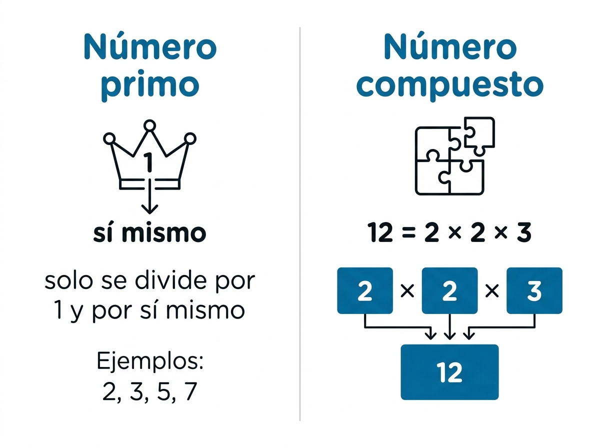 Número primo: solo se divide por 1 y por sí mismo (2, 3, 5, 7). Número compuesto: se forma multiplicando primos, por ejemplo 12 = 2 × 2 × 3