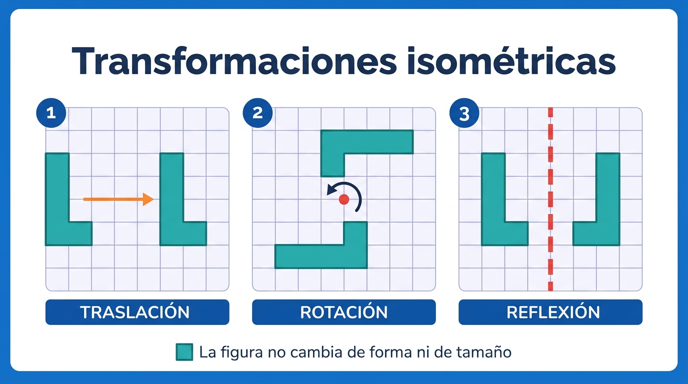 Las tres transformaciones isométricas: traslación, reflexión y rotación