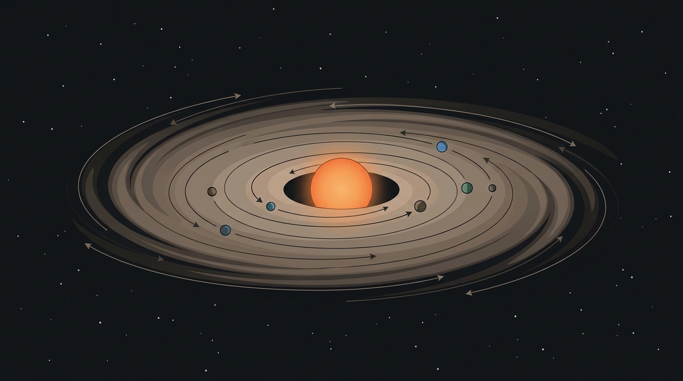 Disco protoplanetario de gas y polvo girando en torno a un Sol naciente, del que se forman los planetas por acreción