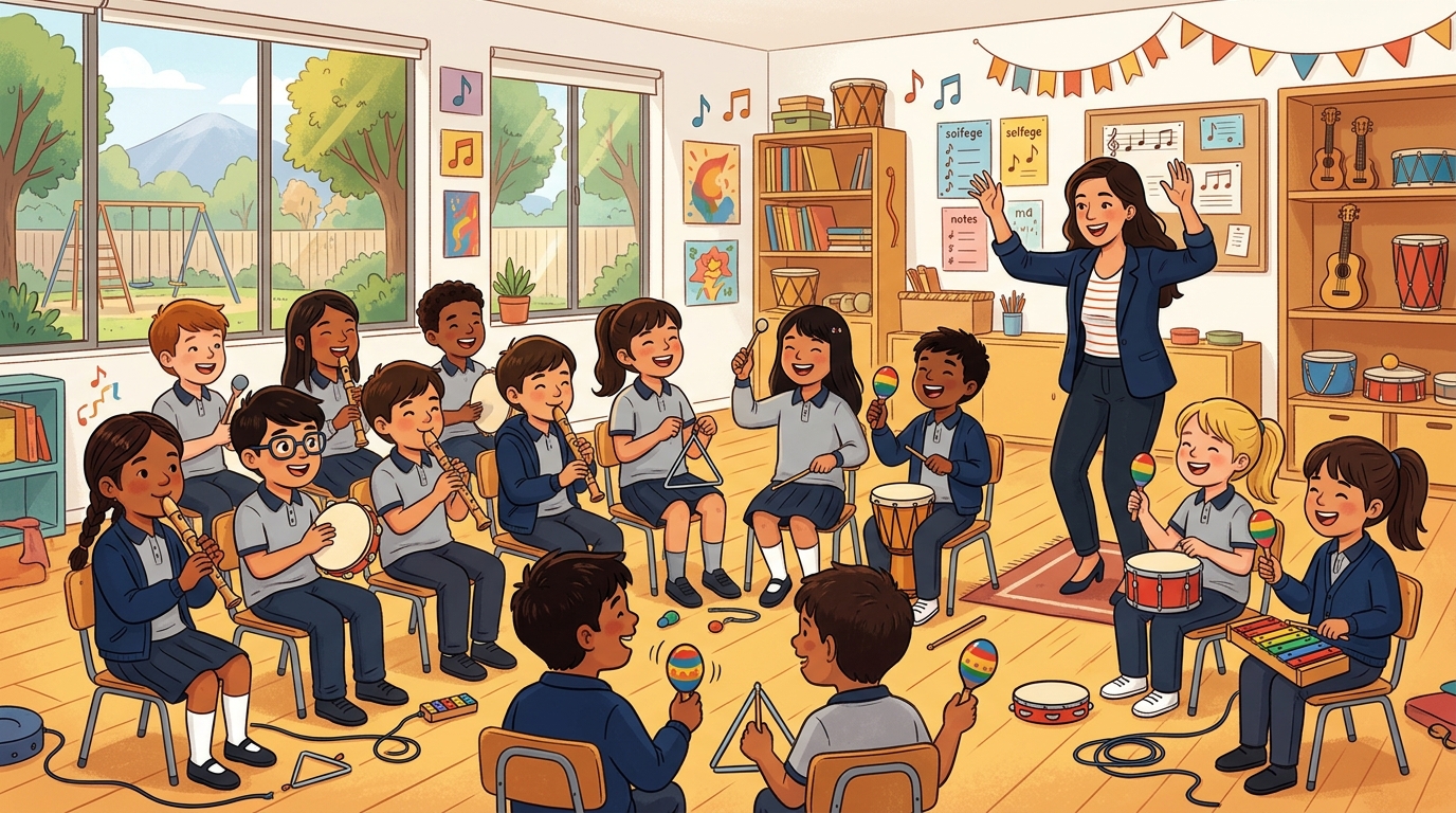 Estudiantes de educación básica en una clase de música tocando instrumentos como flauta dulce, metalófono y percusión, guiados por su profesora