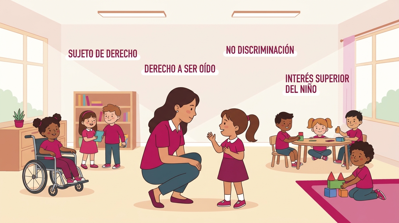Sala de Educación Parvularia con la educadora a la altura de los niños, párvulos diversos jugando, y los principios de derechos del niño rotulados