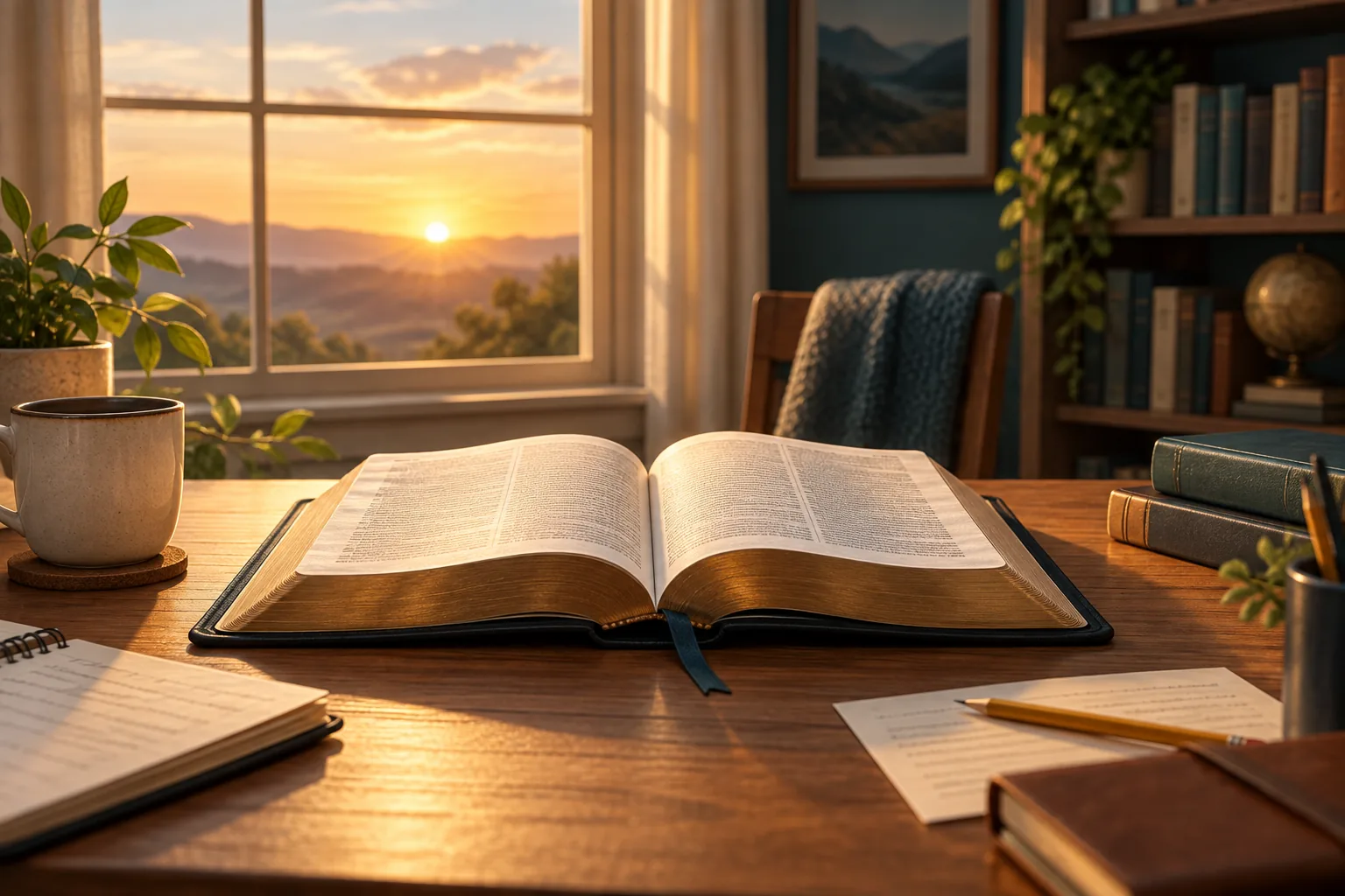 Biblia abierta sobre una mesa de estudio iluminada por la luz del amanecer