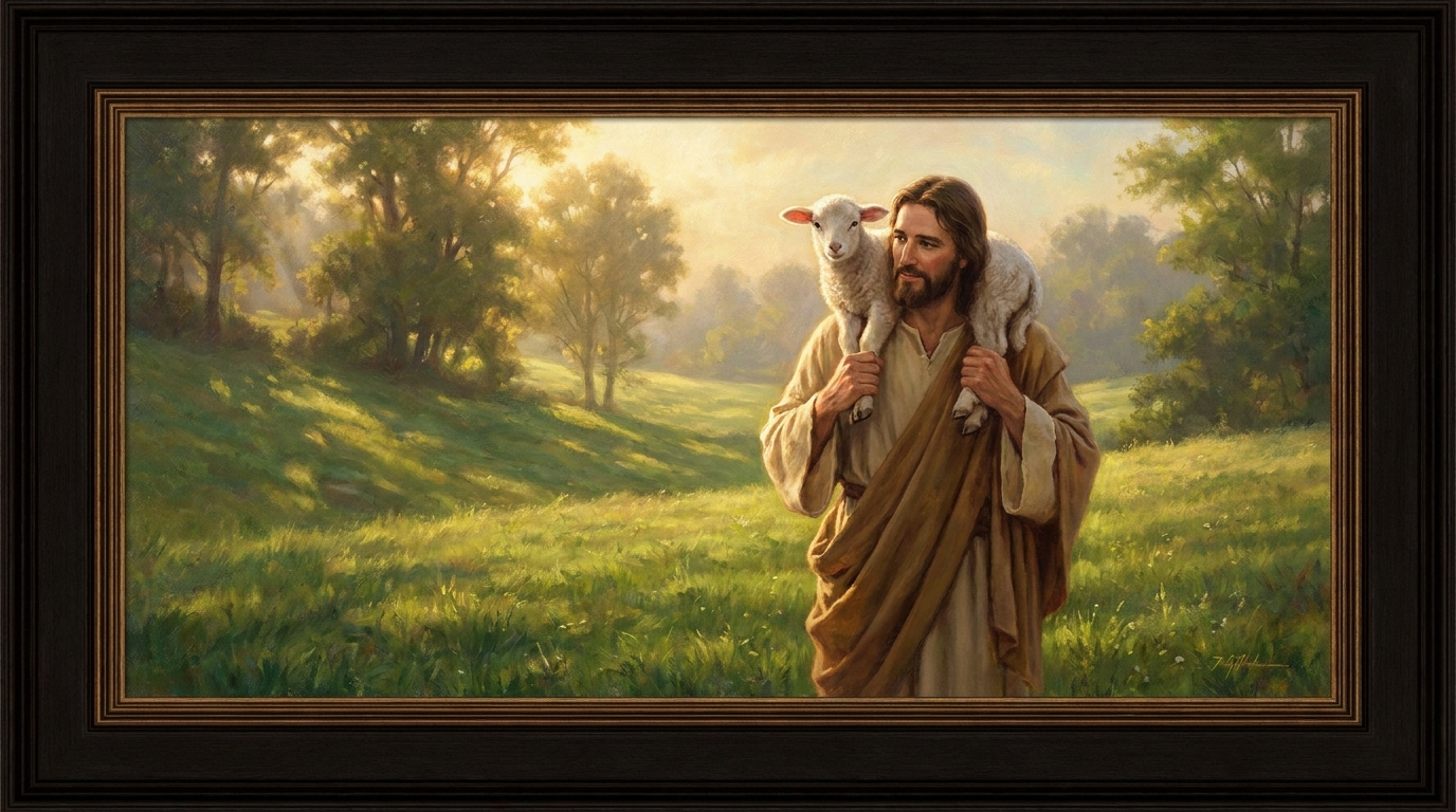 Representación serena de Jesús como Buen Pastor llevando una oveja, evocando el cuidado de Dios por cada persona