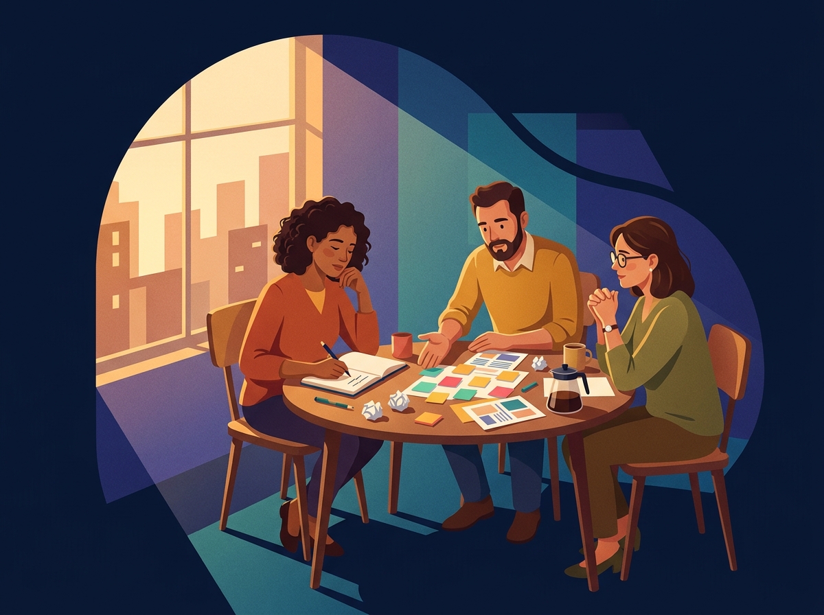 Ilustración: tres docentes reflexionando en una reunión colaborativa al atardecer