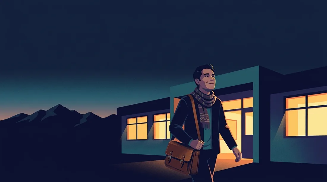 Ilustración de un docente al salir de su escuela al atardecer.