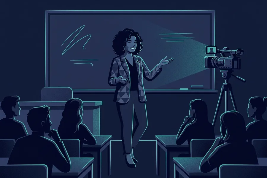 Ilustración de un docente frente a su curso, durante la grabación de una clase.