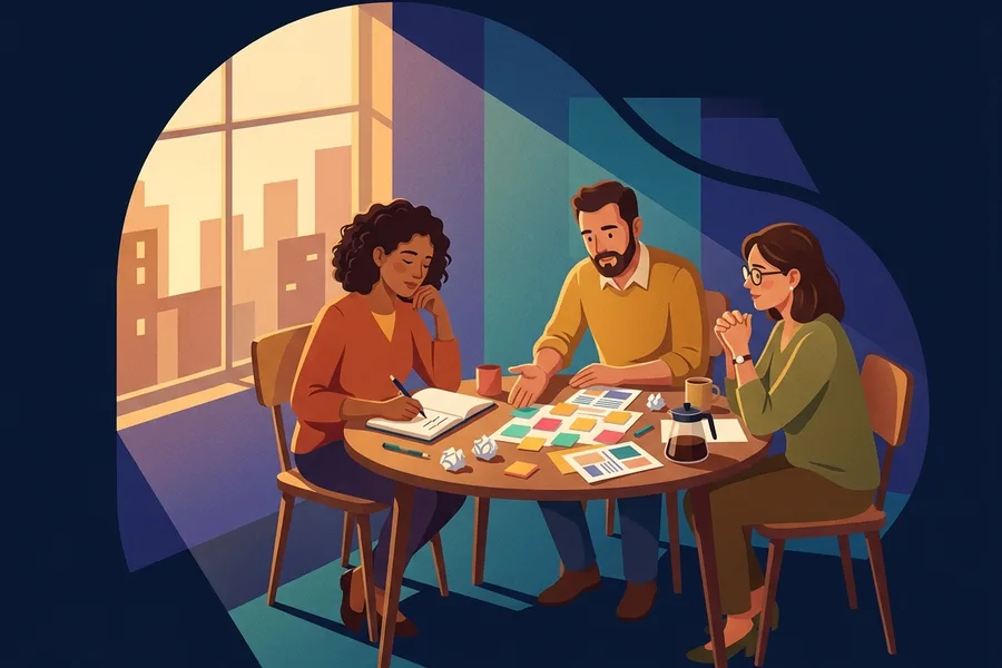 Ilustración de docentes reunidos para conversar sobre su trabajo pedagógico.